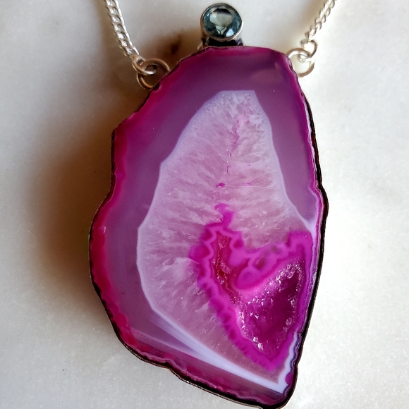 New Pink Agate Druzy & Apatite 925 Silver Necklace. - Picture 13 of 15